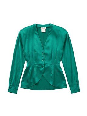 100% Silk Satin Giorgio Armani Emerald Teal  Peplum Blouse IT38 / US 2